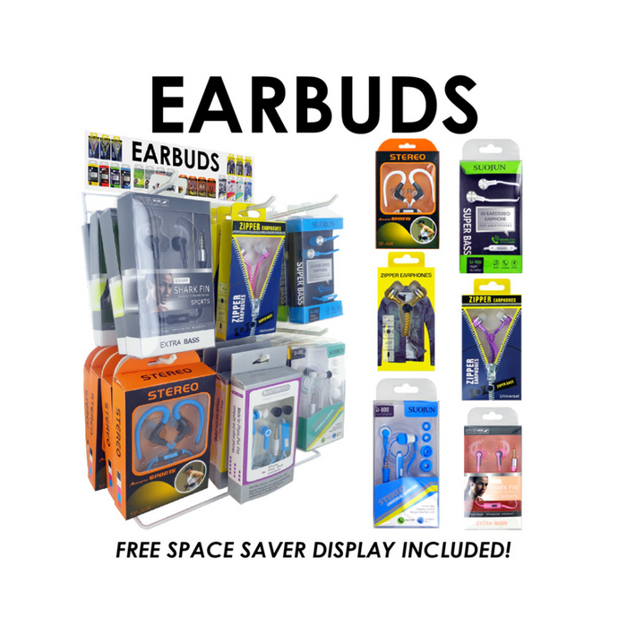 36pc Ear Bud Display. 6 assorted designs