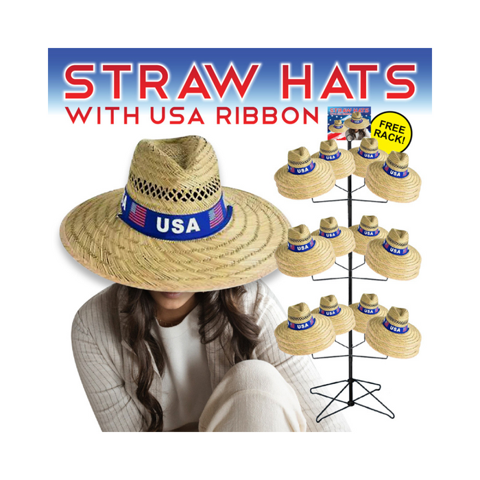 60pc Straw Hats with USA Ribbon Display